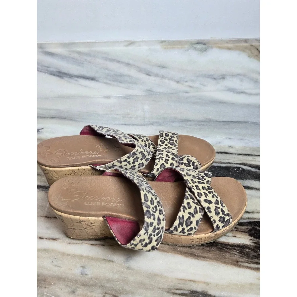 Skechers Luxe Foam Leopard Print Wedge Sandals Womens 10 Tan Black 32964